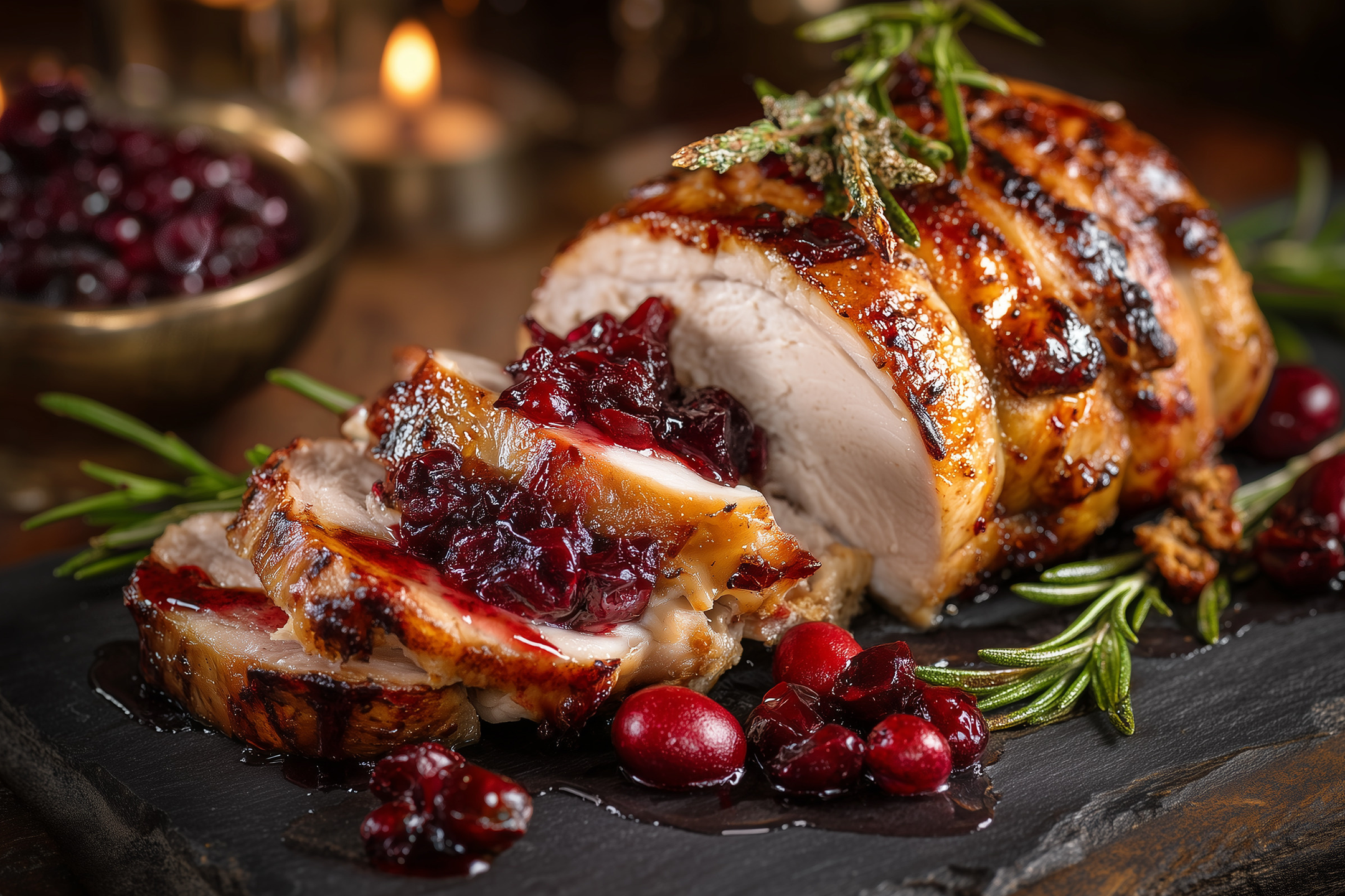 Sliced roasted turkey with cranberry sauce and rosemary on a dark platter.