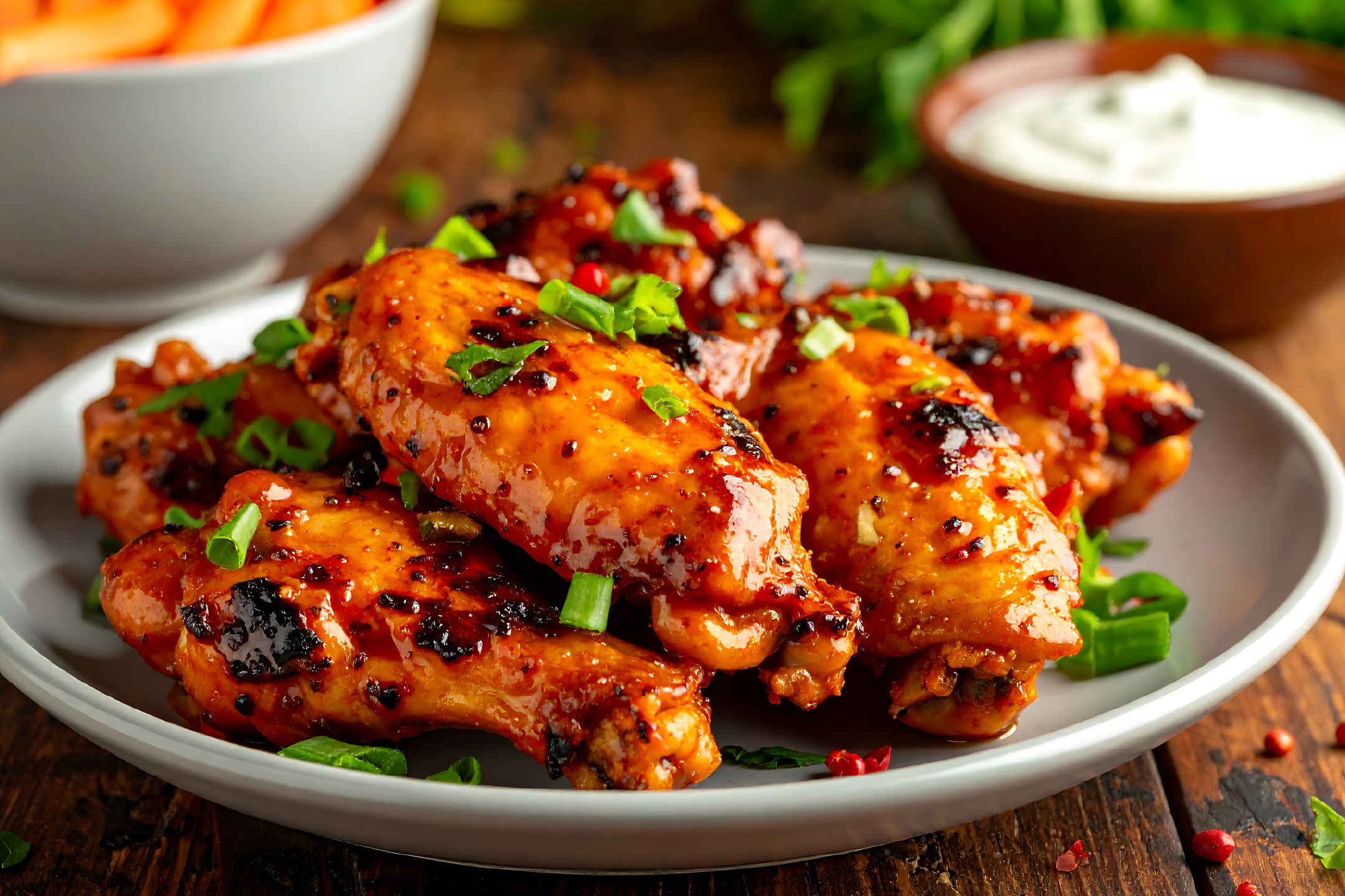 Glazed chicken wings with chopped spring onions, served with a side of dip.