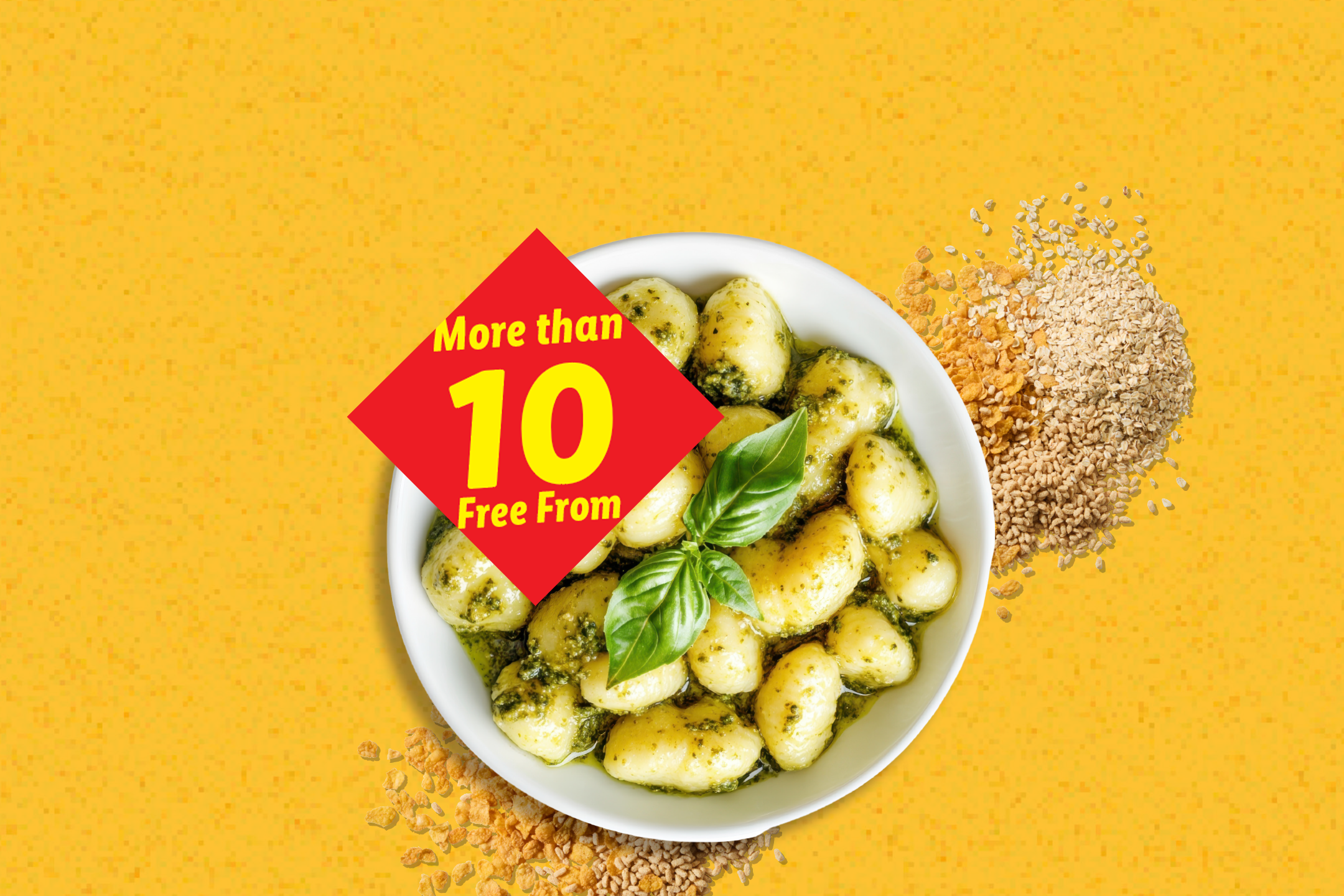 Gnocchi with pesto sauce and basil, with a red label stating 'More than 10 Free From'.
