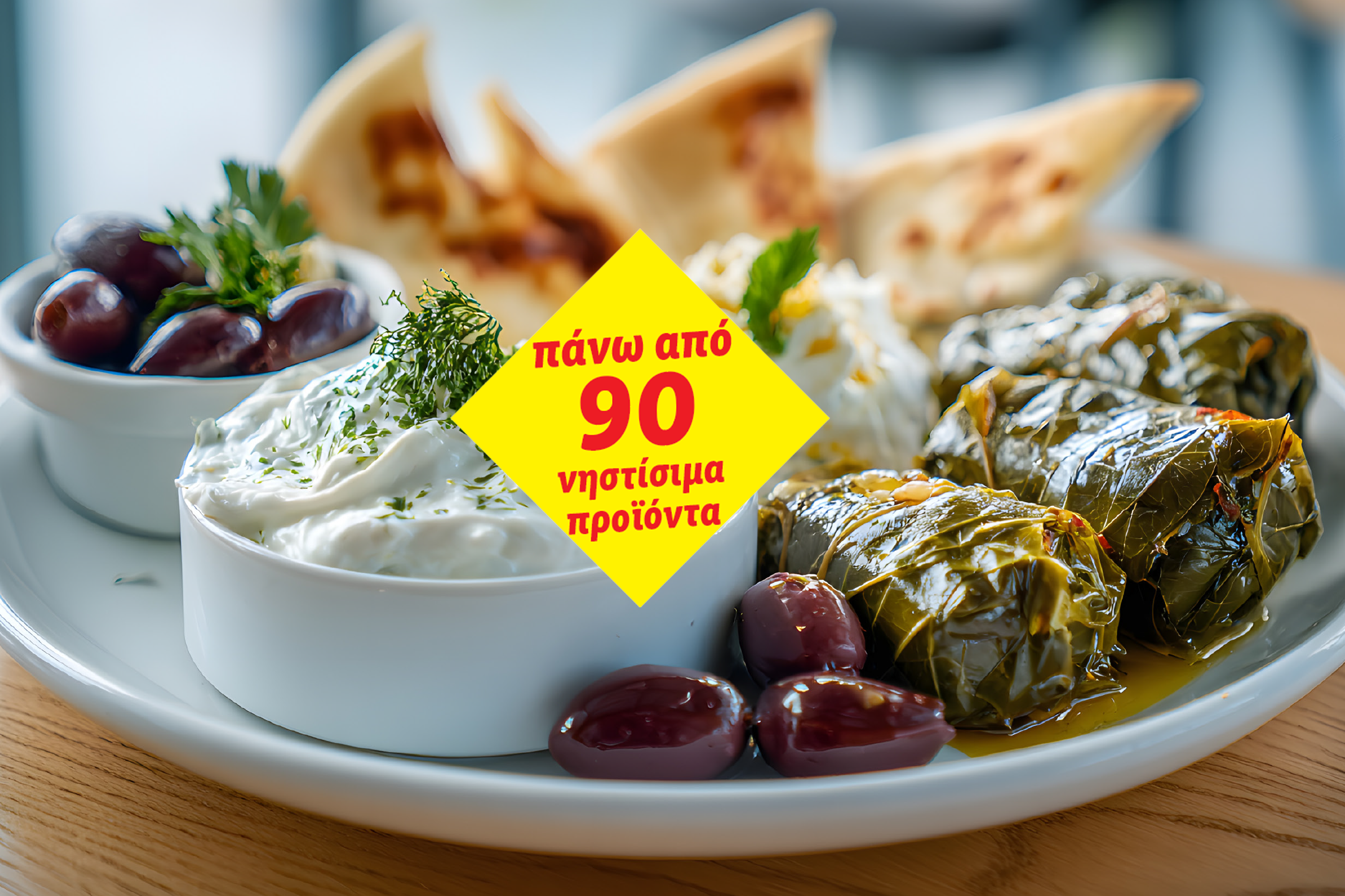 Ελληνικός μεζές με ντολμαδάκια, τζατζίκι, ελιές, πίτα, και κείμενο: «πάνω από 90 νηστίσιμα προϊόντα»