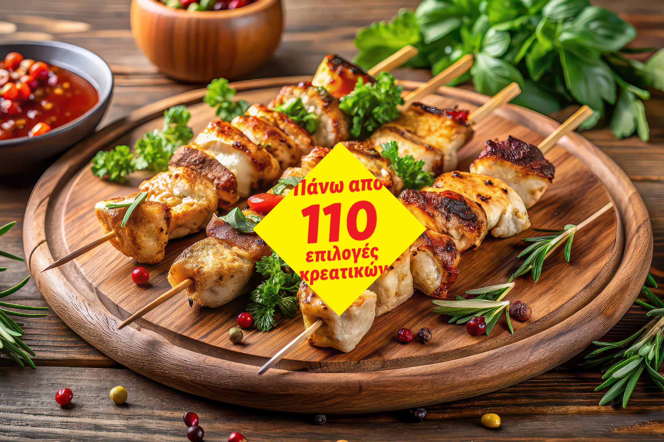 Ψητά σουβλάκια κοτόπουλου με μυρωδικά και σάλτσα, διαφημίζοντας «Πάνω από 110 επιλογές κρεατικών».
