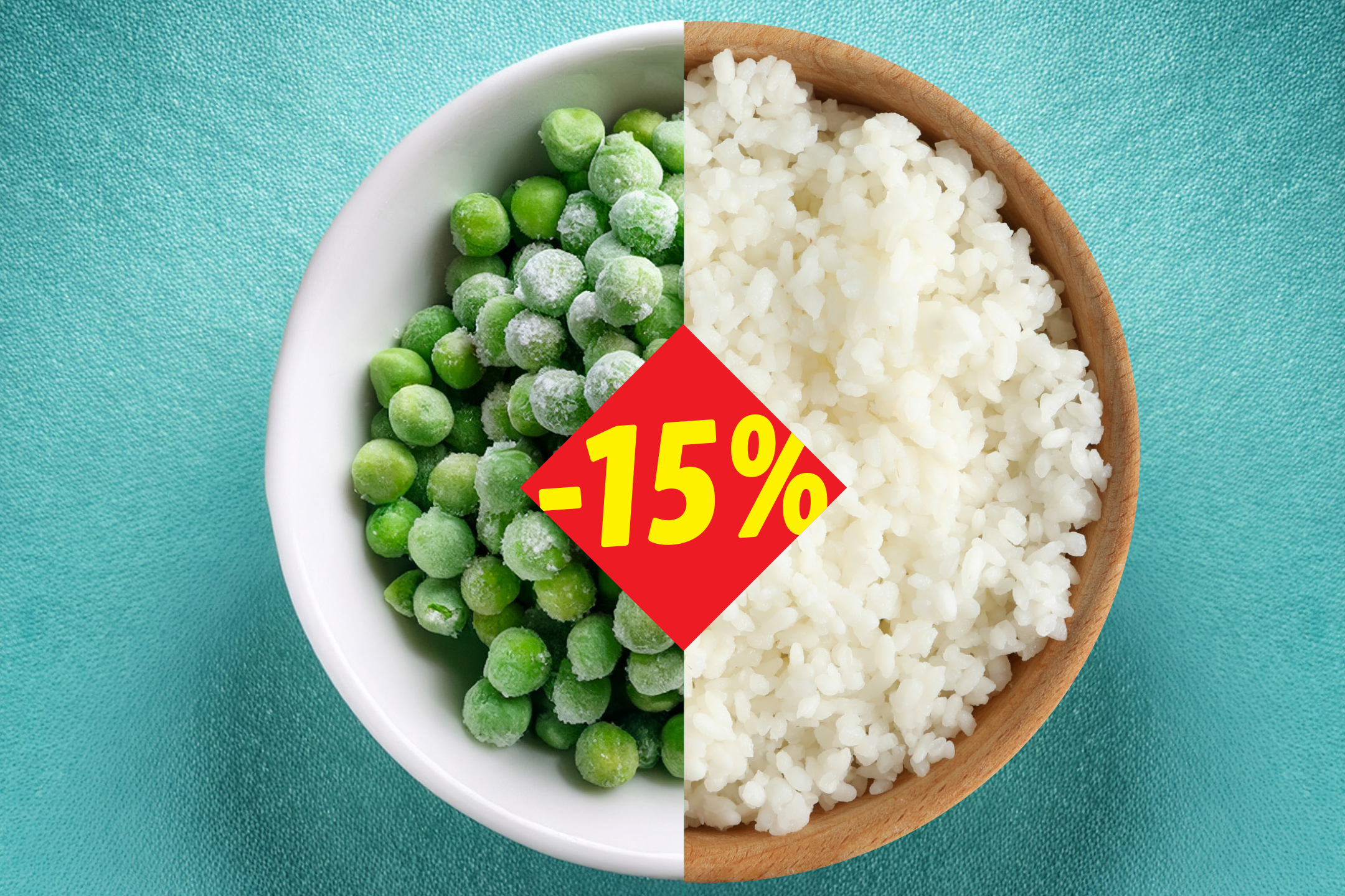 Μπολ με κατεψυγμένα μπιζέλια και μπολ με ρύζι, με κόκκινη ετικέτα έκπτωσης '-15%'.