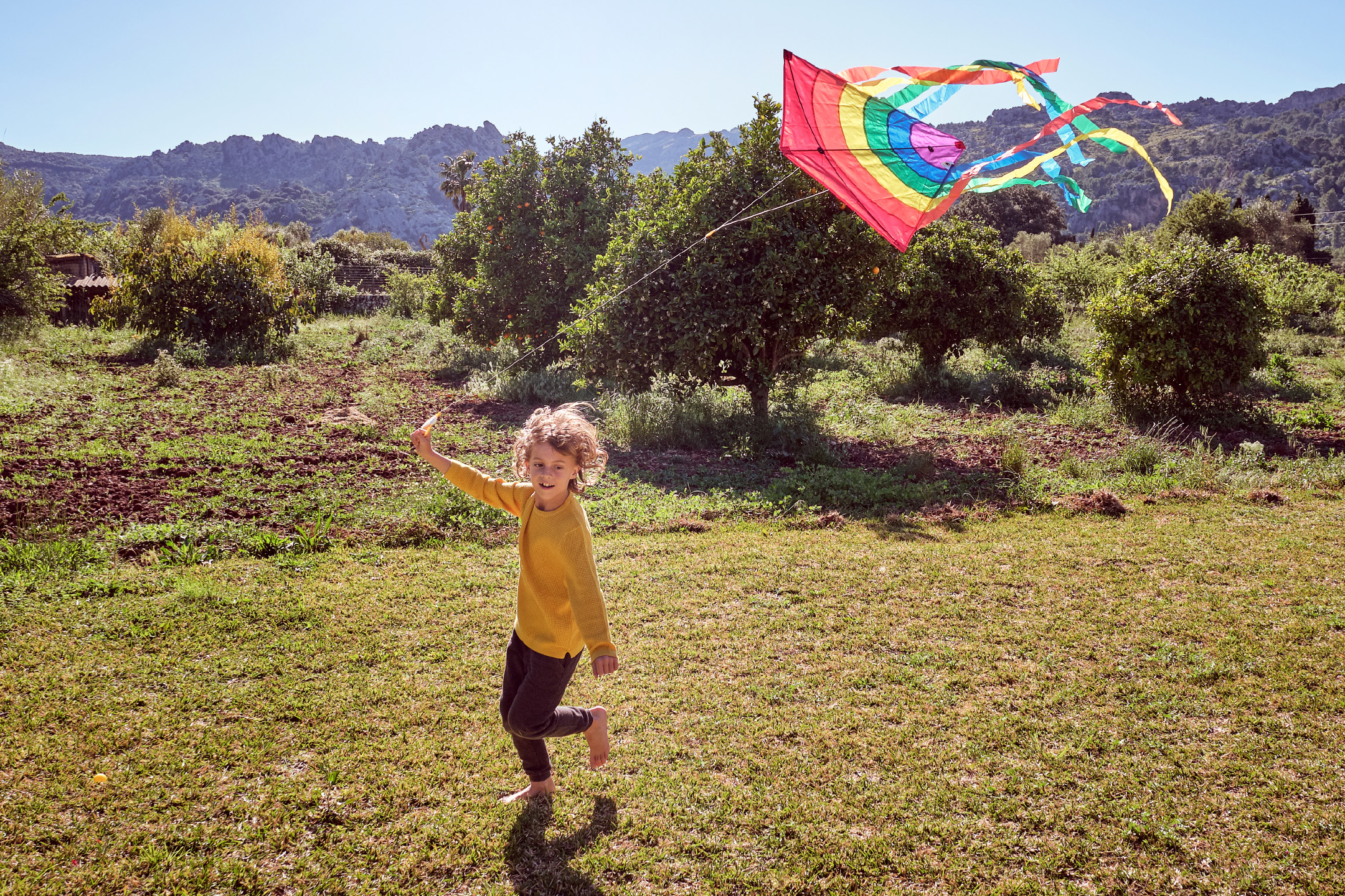 Child flying a colorful kite in a sunny field with mountains in the background.