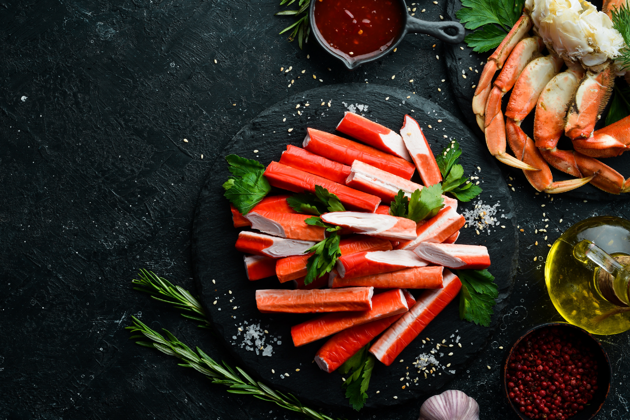 Crab sticks and crab legs on a dark background with sauce and spices.