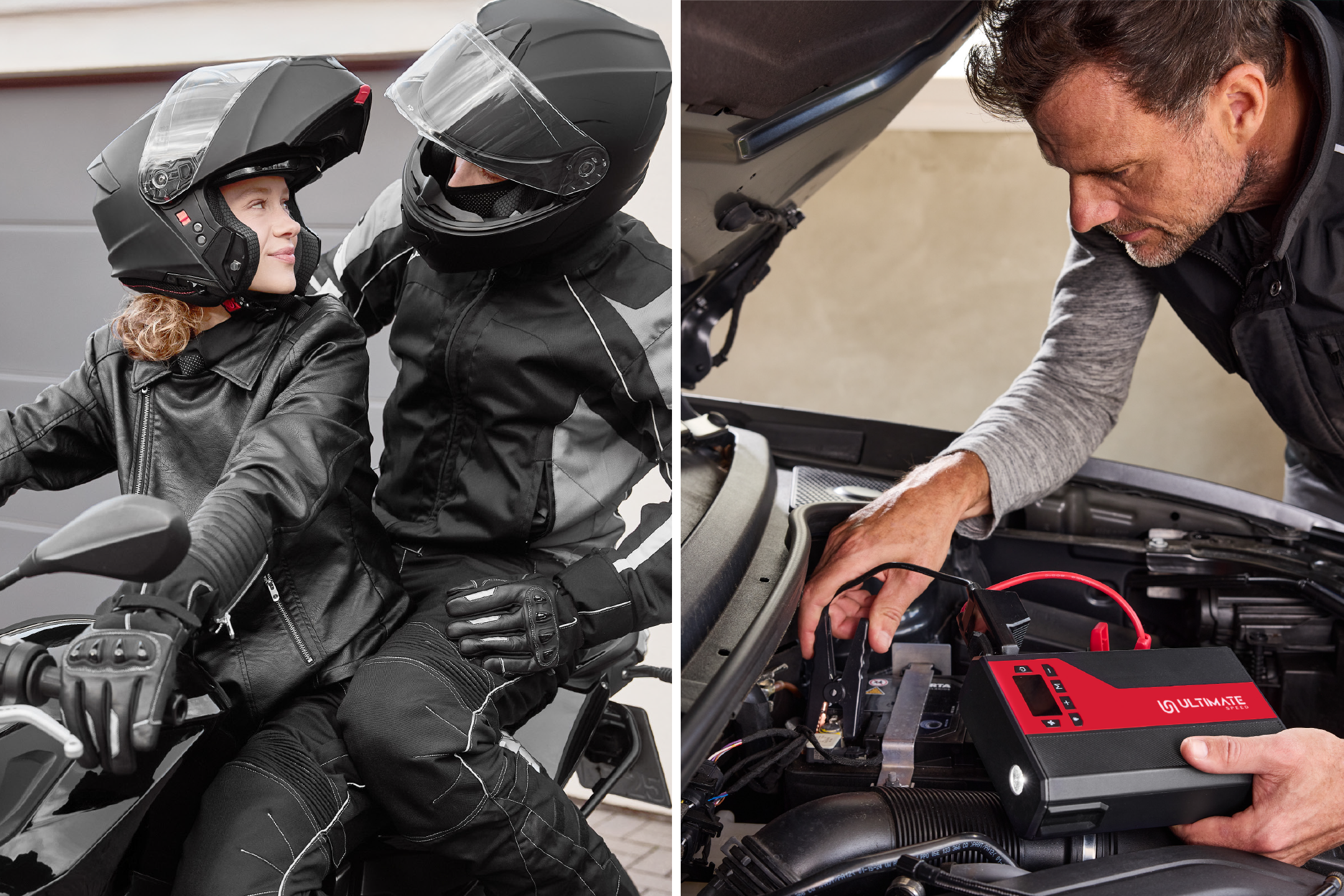 Motorcycle helmets and a car jump starter being used on a car battery.