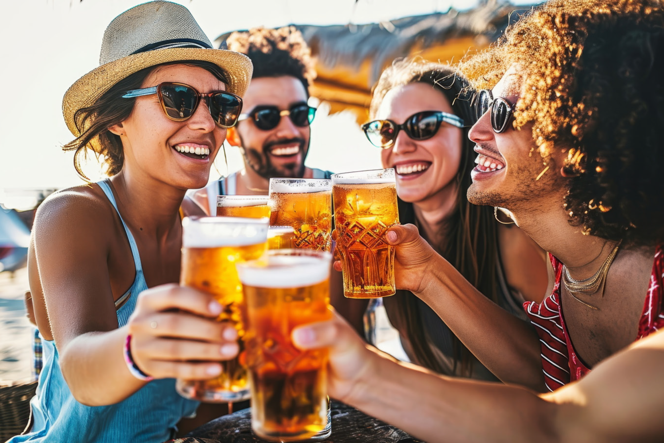 Friends toasting with beer glasses, laughing and enjoying a sunny day outdoors.