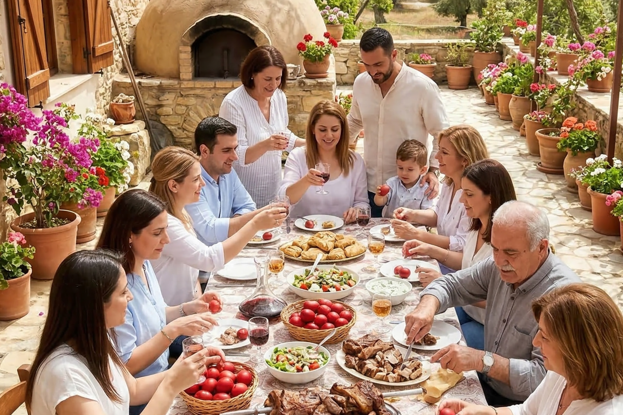 Οικογένεια συγκεντρωμένη γύρω από ένα τραπέζι σε εξωτερικό χώρο, απολαμβάνοντας γεύμα με ψητά κρέατα, σαλάτες και κόκκινα αυγά.