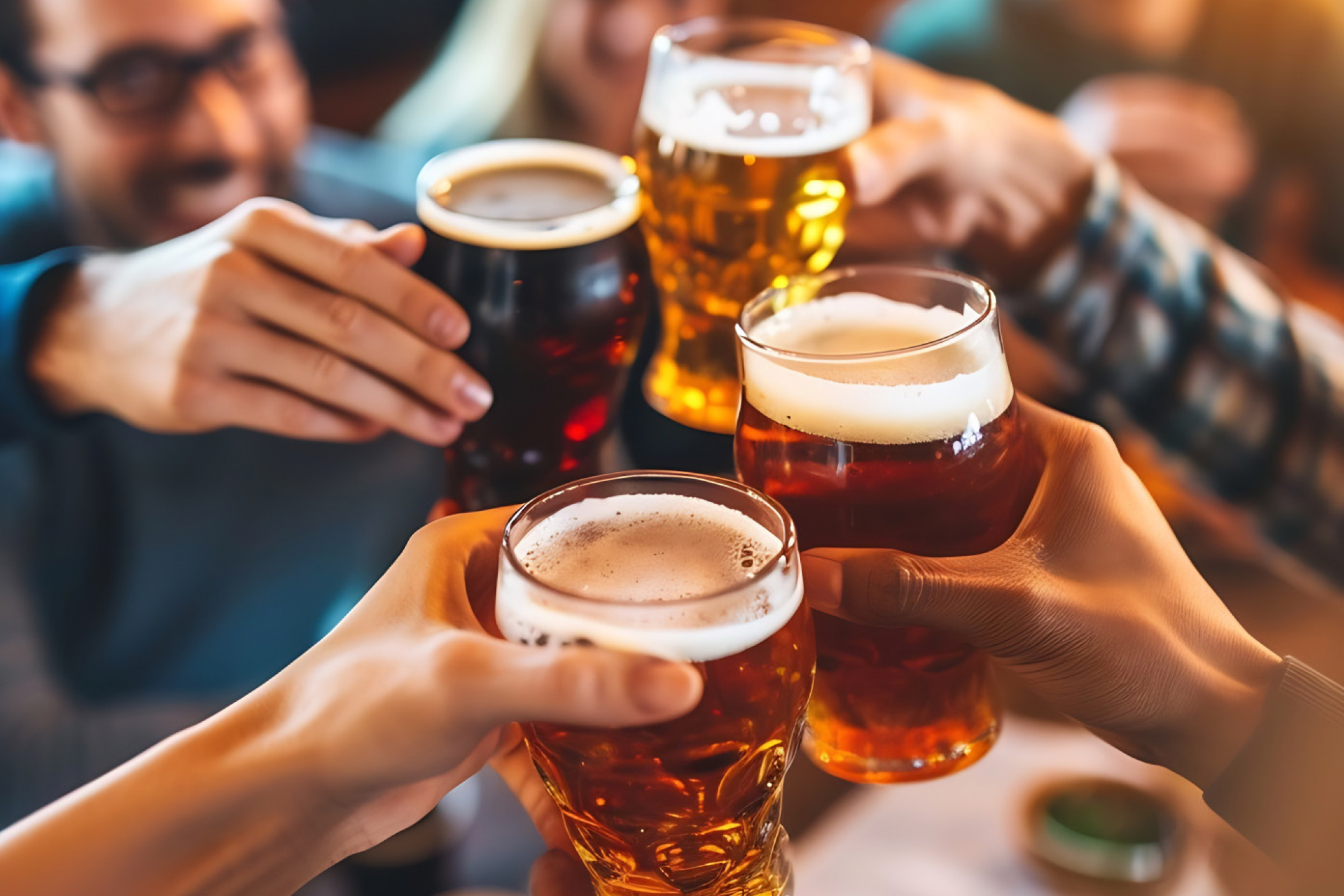 Friends toasting with various types of beer in a lively setting.