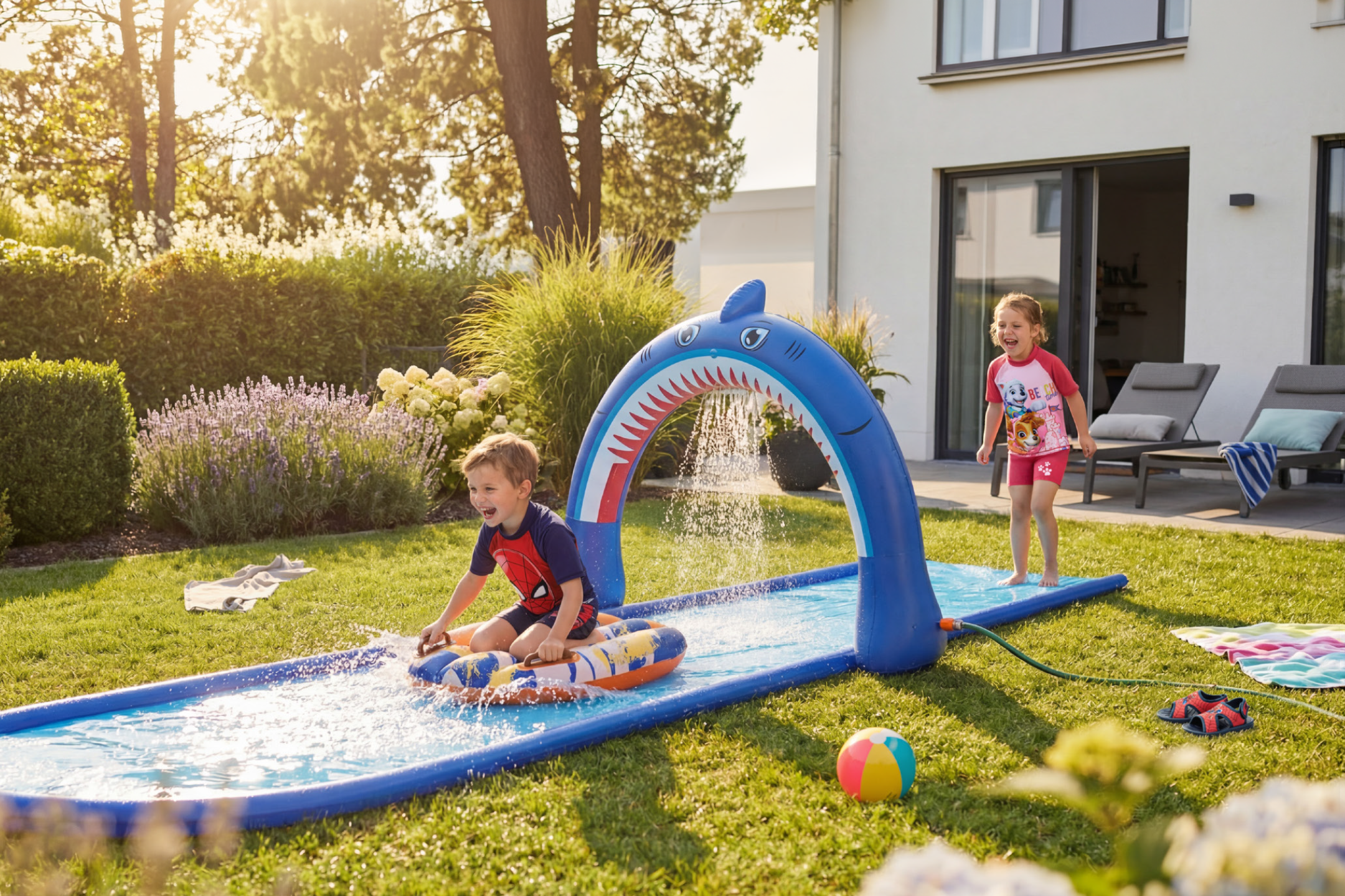 Children playing on a shark-themed water slide in a sunny garden.