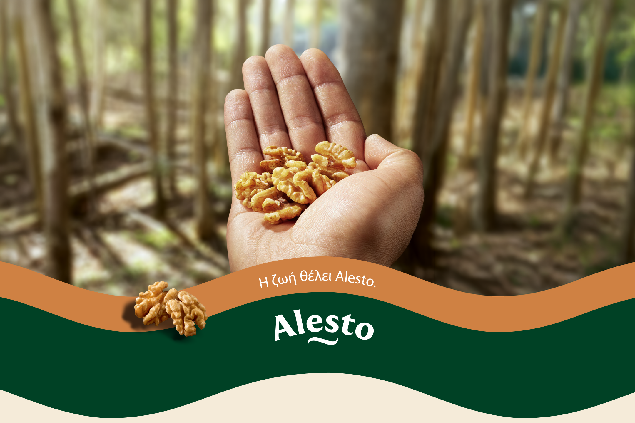 Hand holding walnuts in a forest, with a green and brown wavy design and text.