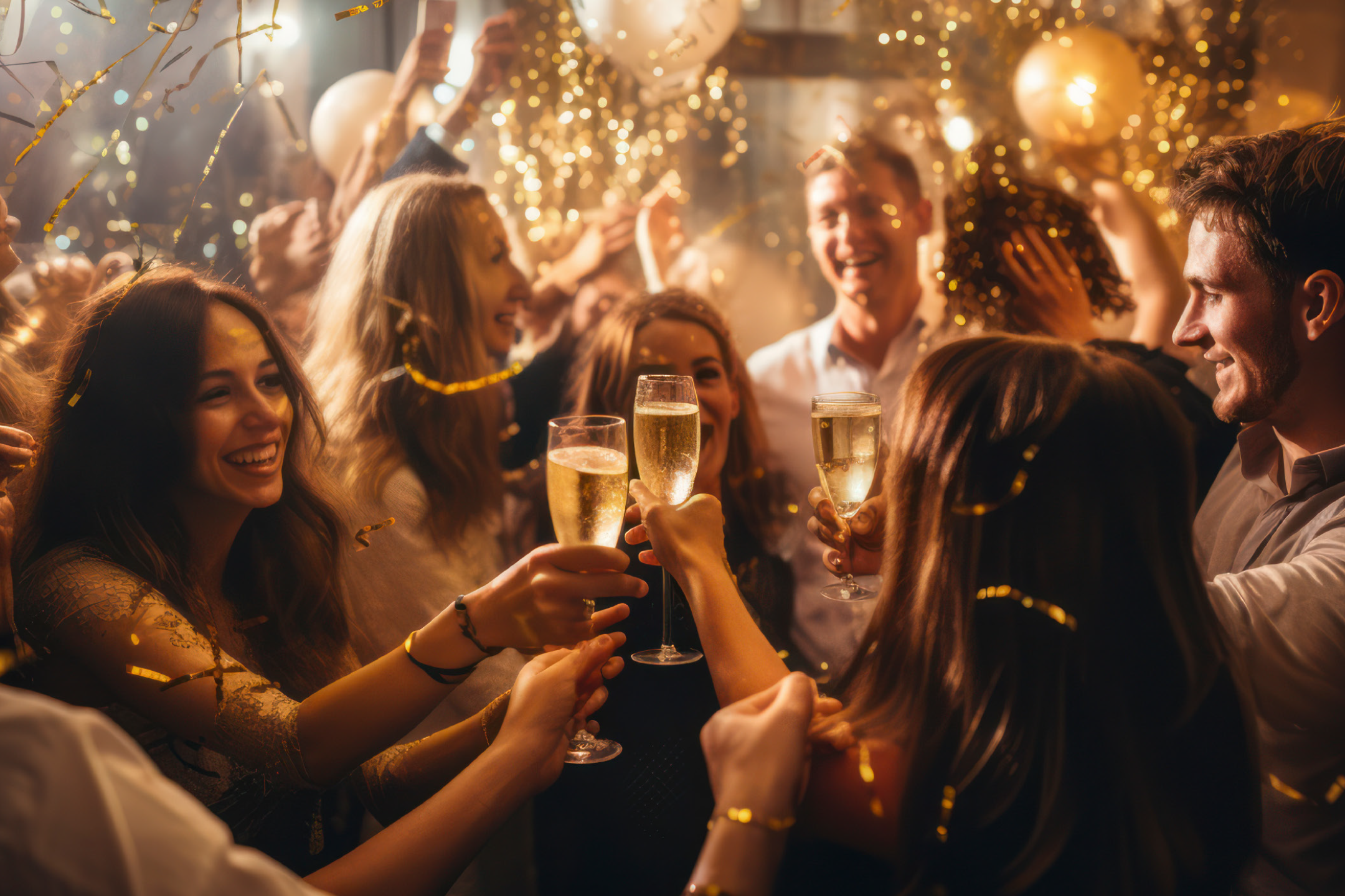 Friends toasting with champagne at a festive party with golden confetti and lights.