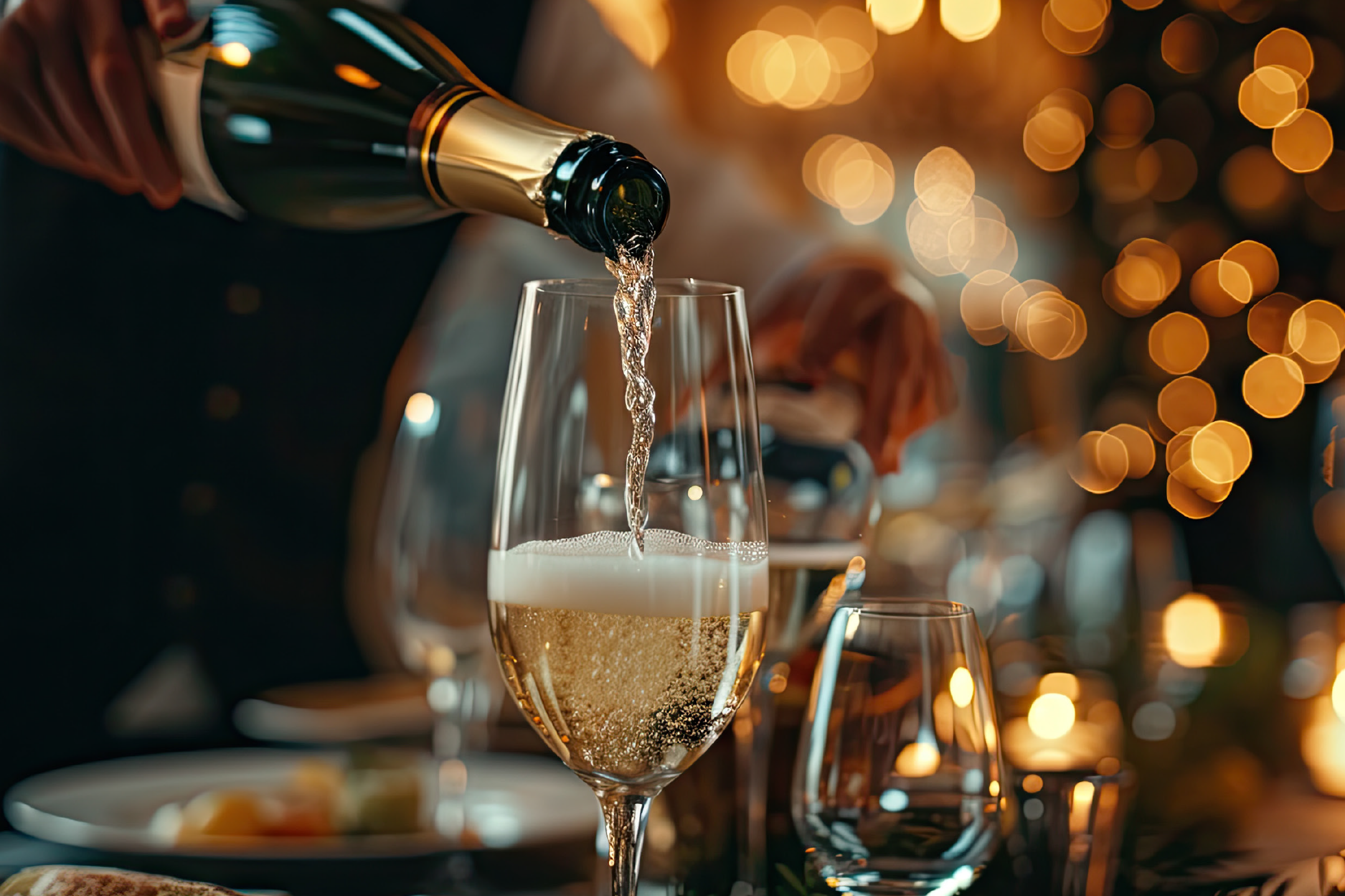 Σαμπάνια χύνεται σε ποτήρι σε μια εορταστική συγκέντρωση με φώτα bokeh.