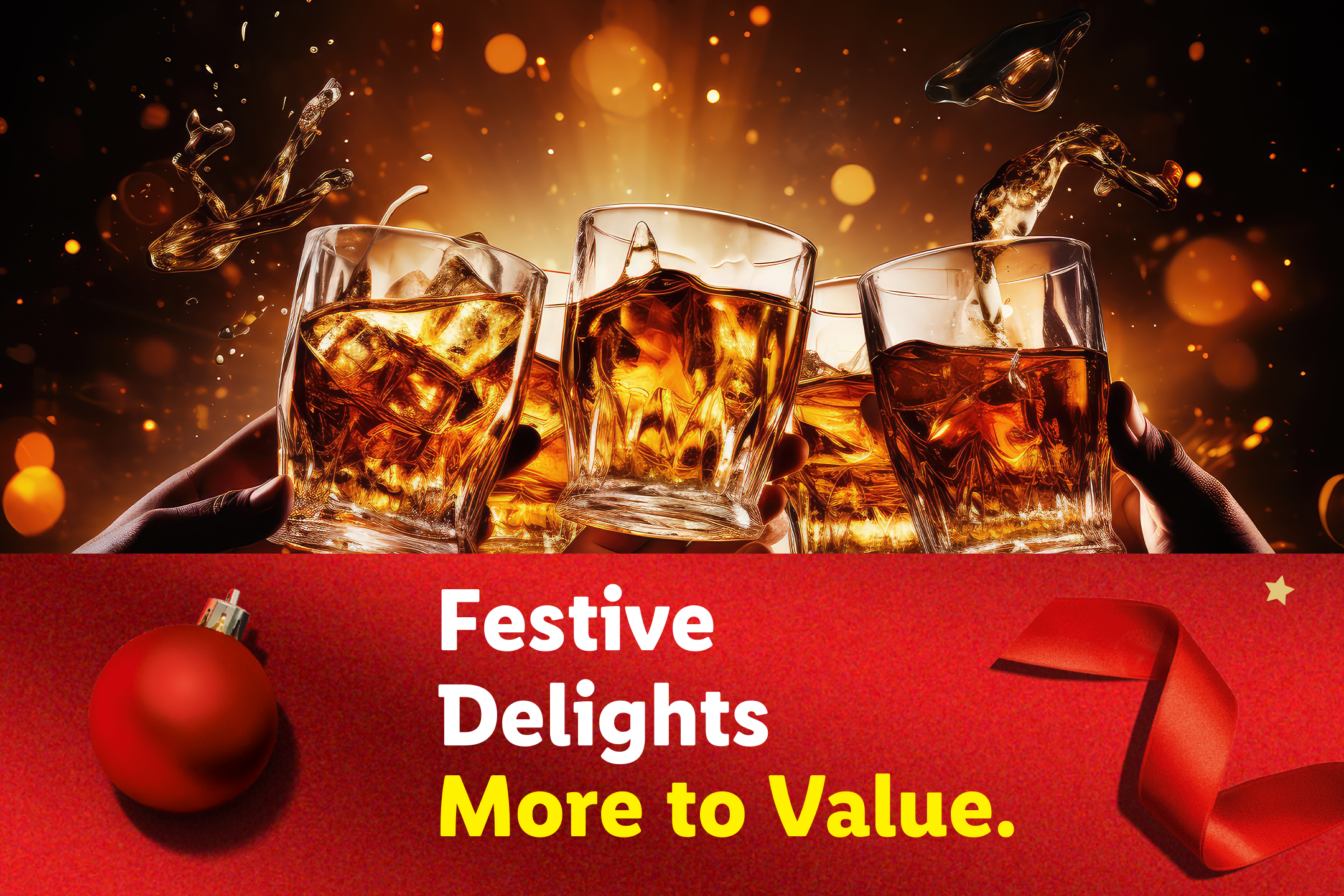 Hands holding glasses of whiskey with ice, festive lights, and text: 'Festive Delights, More to Value.'