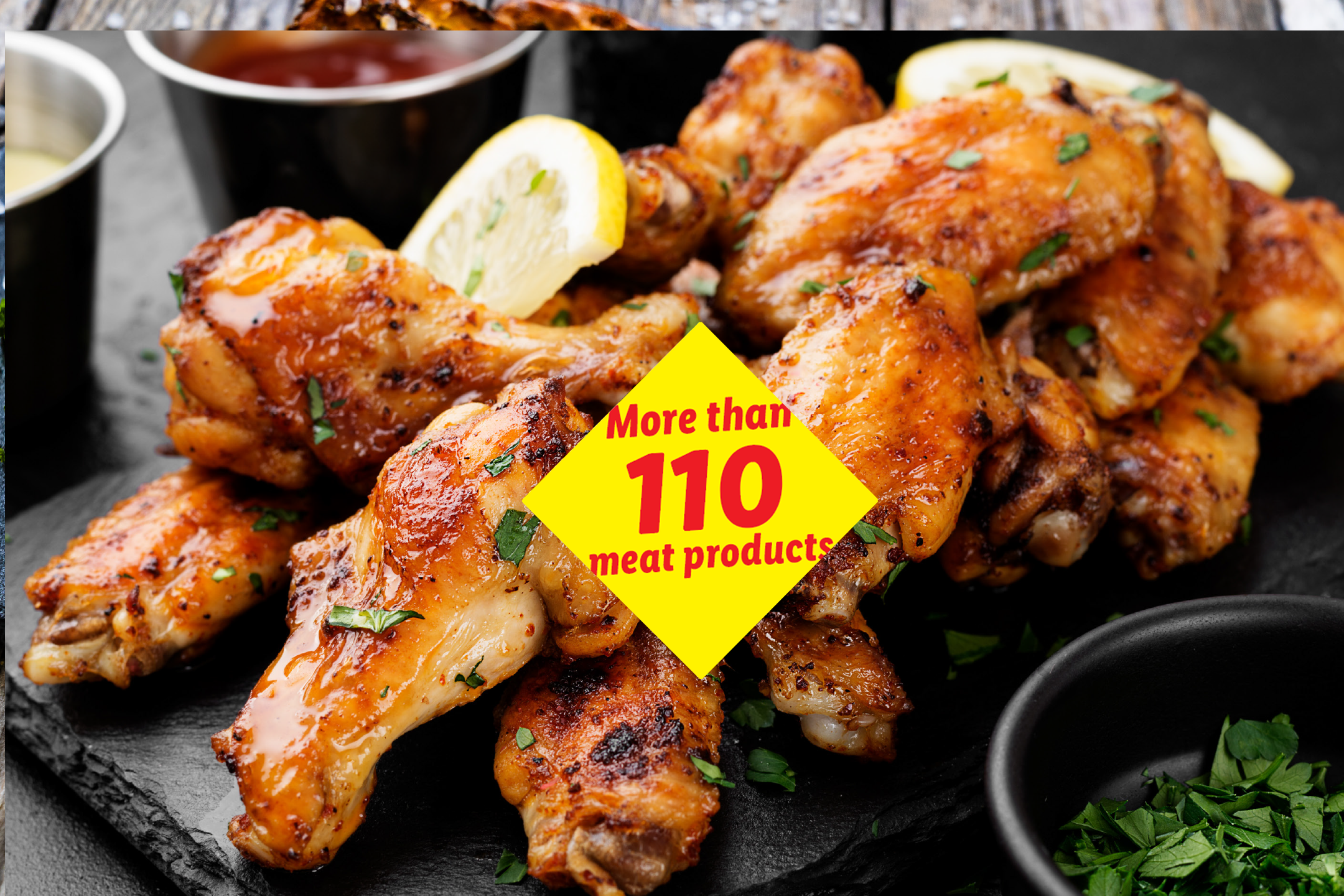 Grilled chicken wings with lemon and parsley, advertising 'More than 110 meat products'.