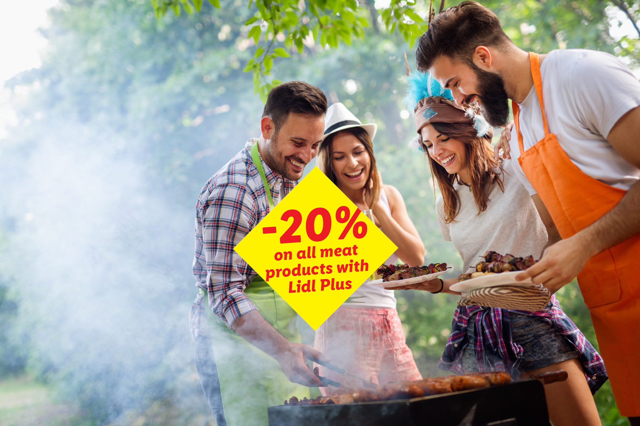 Friends grilling meat skewers and sausages outdoors, with a yellow diamond showing '-20% on all meat products'.
