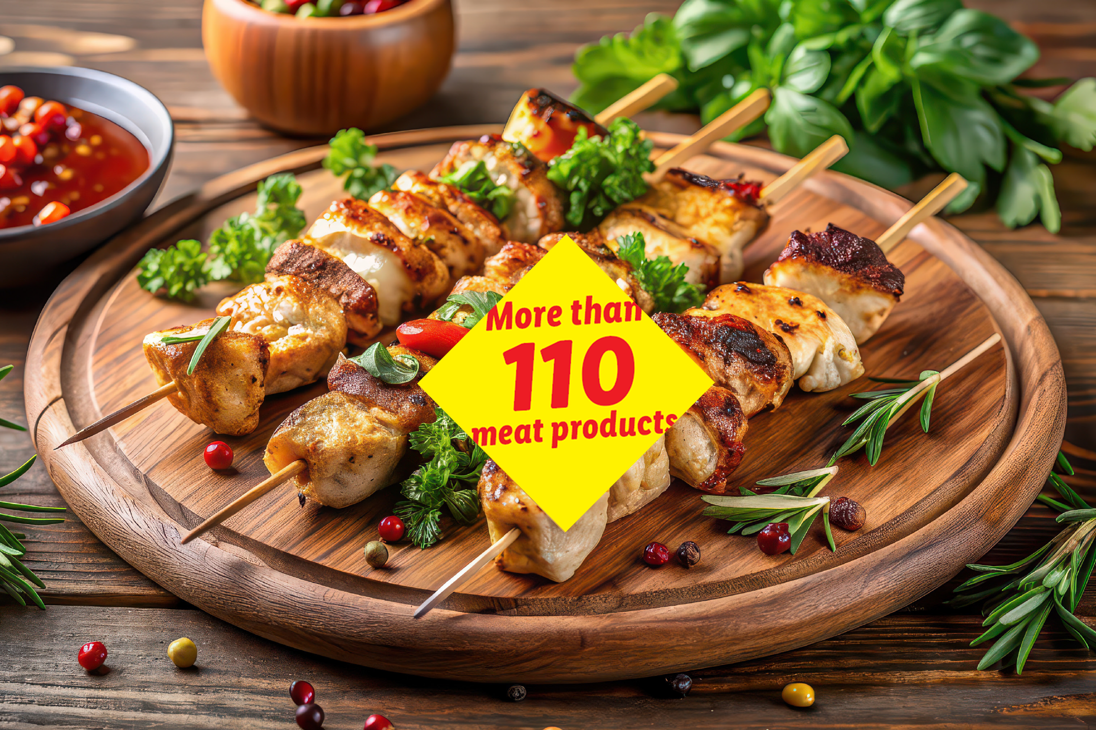 Grilled meat skewers with herbs and sauce, advertising 'More than 110 meat products'.