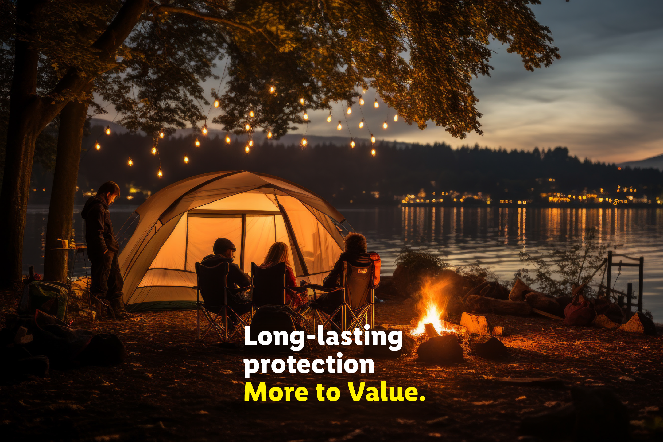 Camping scene with tent, campfire, and people by a lake at night. Text: 'Long-lasting protection. More to Value.'
