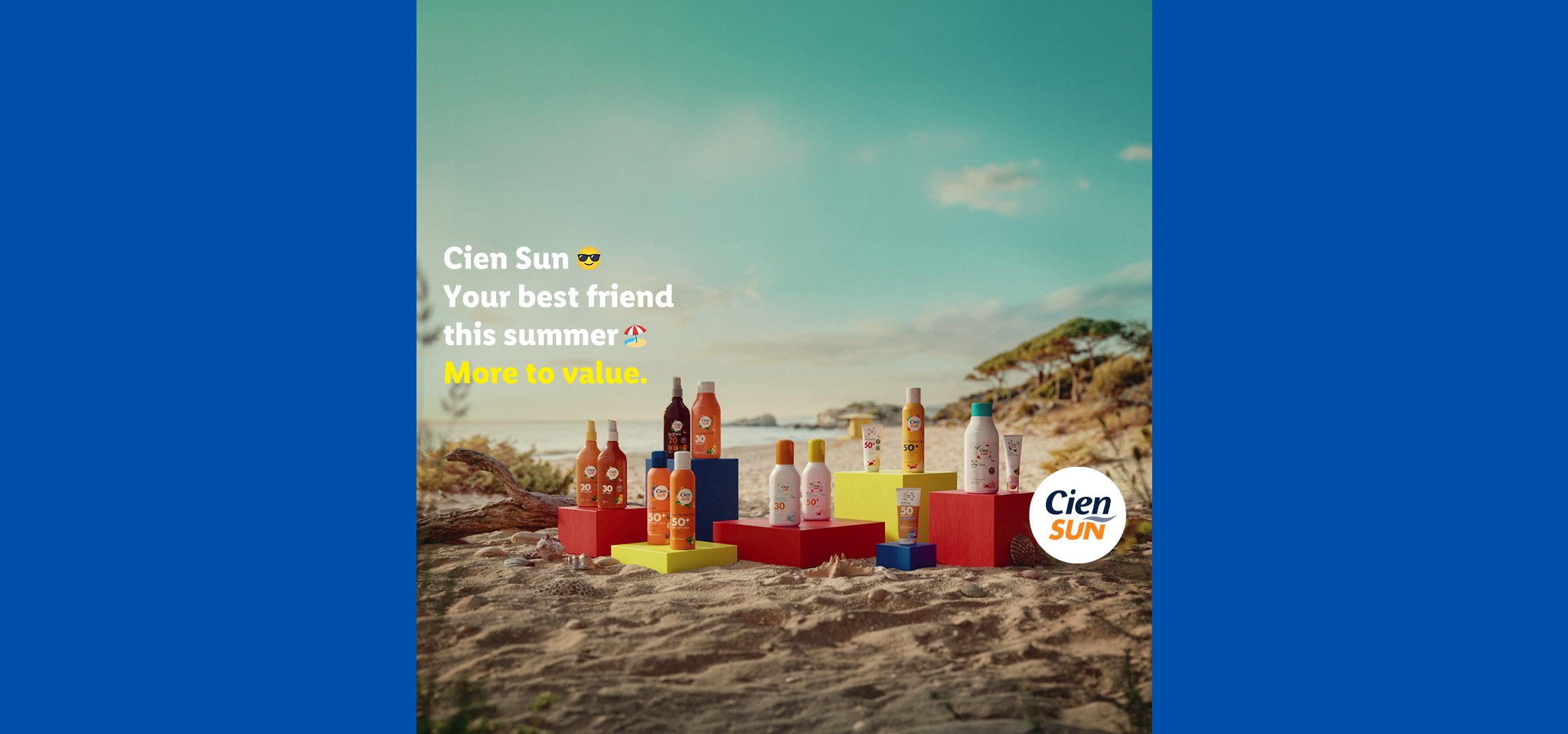 Sunscreen products on a beach with text: 'Your best friend this summer. More to value.'