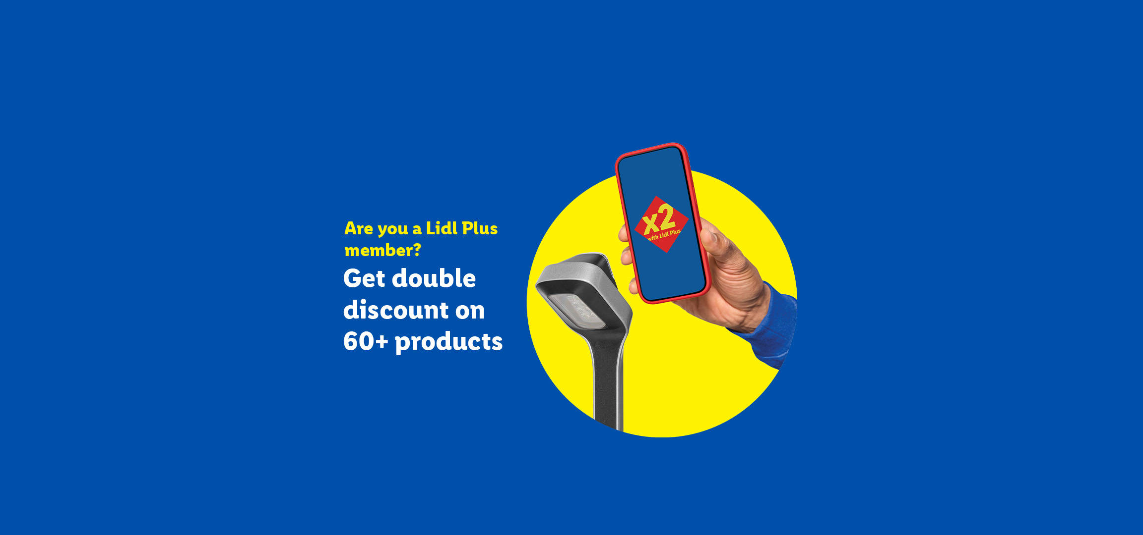 A hand holding a smartphone with a 'x2 with Plus' logo, promoting double discounts on 60+ products.