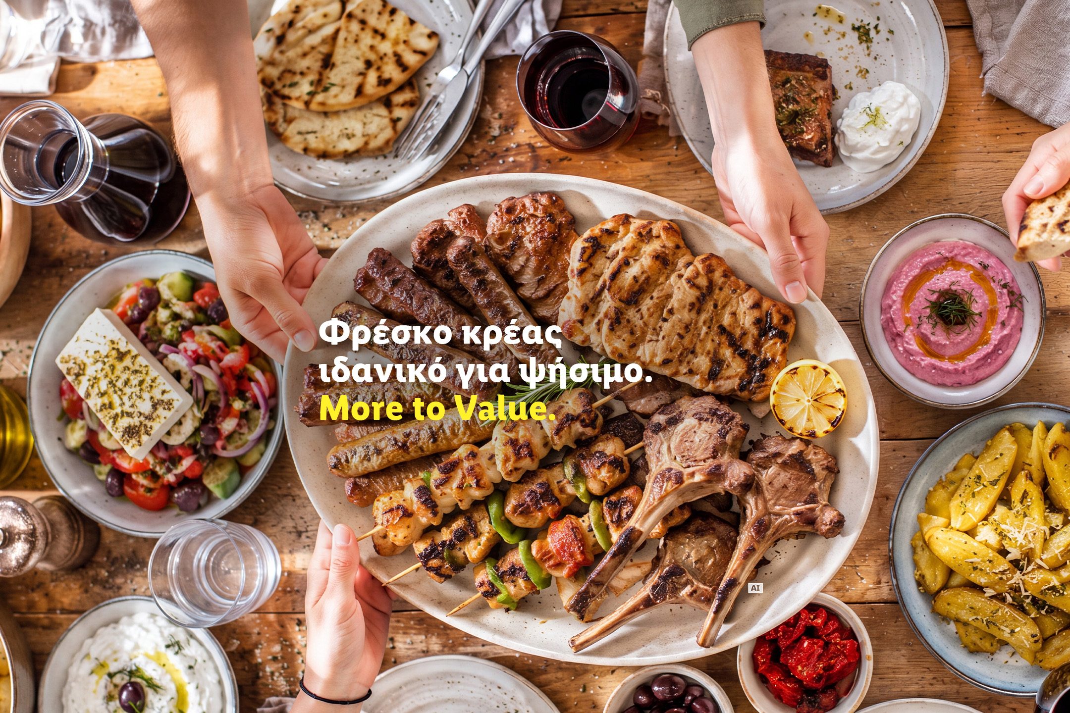 Ψητά κρέατα, λουκάνικα και σουβλάκια με συνοδευτικά. Κείμενο: «Φρέσκο κρέας ιδανικό για ψήσιμο. More to Value.»