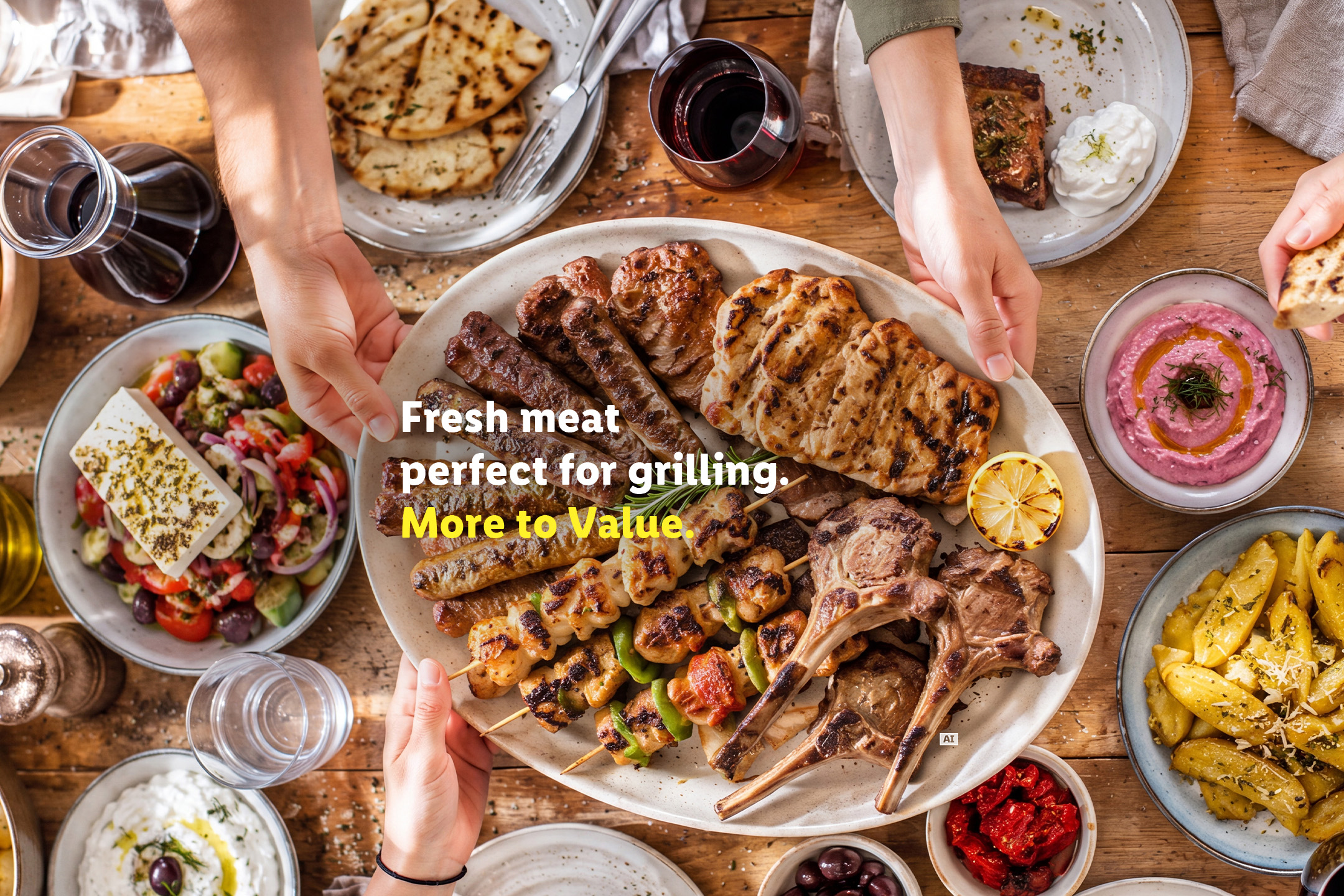 Grilled meat platter with sausages, skewers, and chops, with text: 'Fresh meat perfect for grilling. More to Value.'