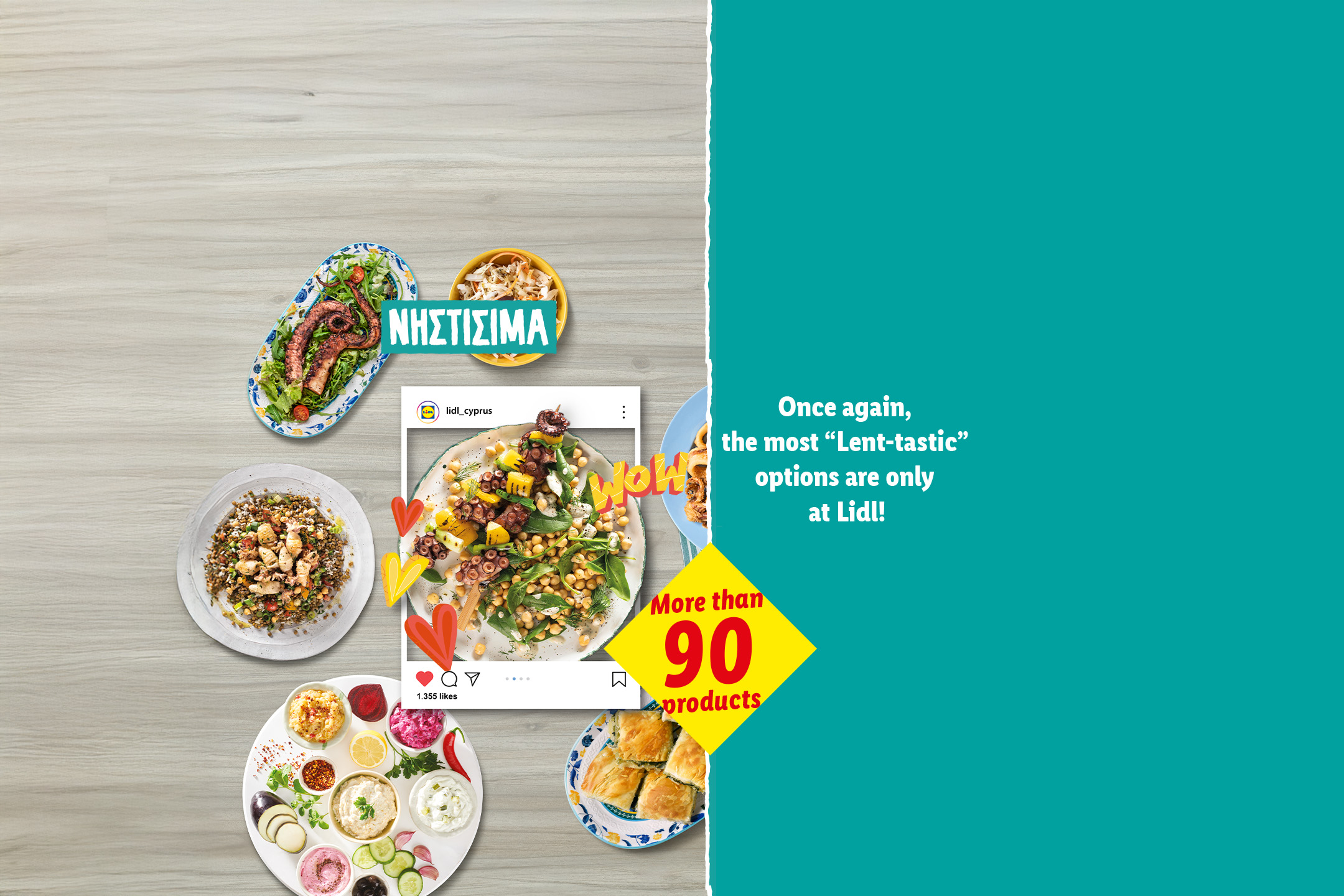 Lent-themed food options, including octopus salad, lentil salad, dips, and pastries, with a call to action for over 90 products.