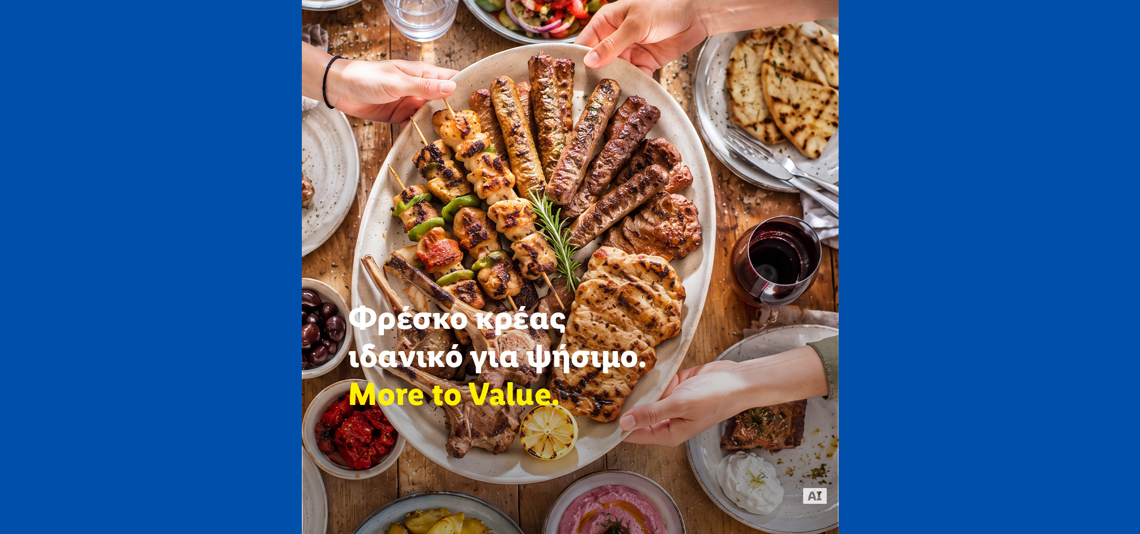Πιατέλα με ψητά κρέατα, σουβλάκια, παϊδάκια, λουκάνικα, πατάτες και σαλάτες. Κείμενο: Φρέσκο κρέας, ιδανικό για ψήσιμο. More to Value.