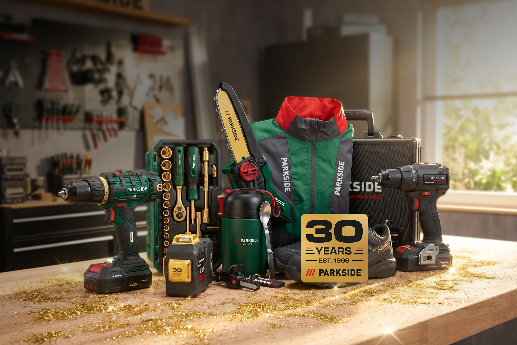 AI generated image: Power tools and accessories on a wooden surface with a '30 Years' logo.