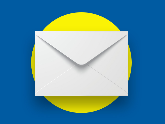 A white envelope icon centered over a yellow circle on a blue background.