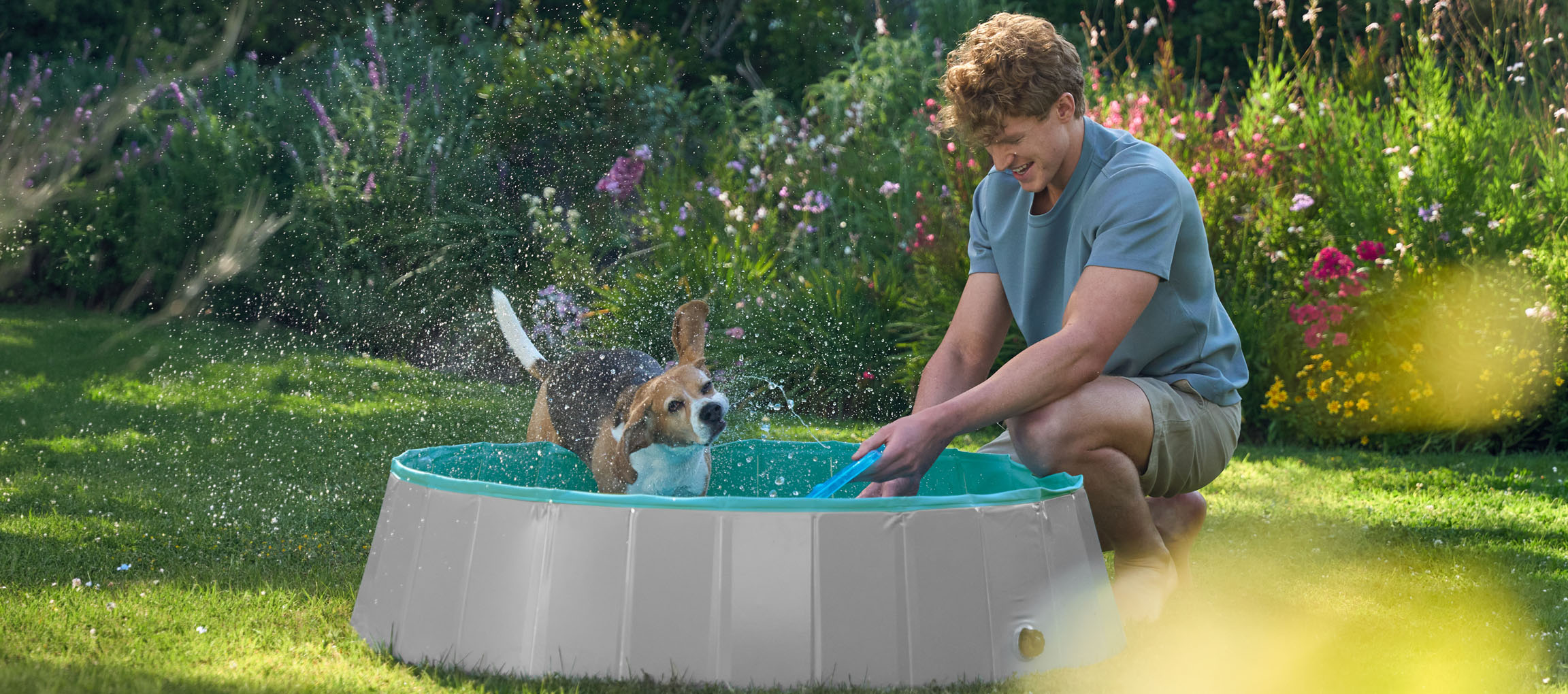 Man and dog playing in a paddling pool in the garden.